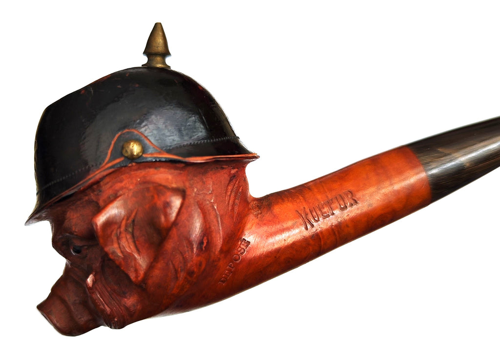 WWI French Anti-German Satirical Figural Pipe – Kaiser Wilhelm II Caricature as a Pig with Pickelhaube, Unsmoked Horn Stem