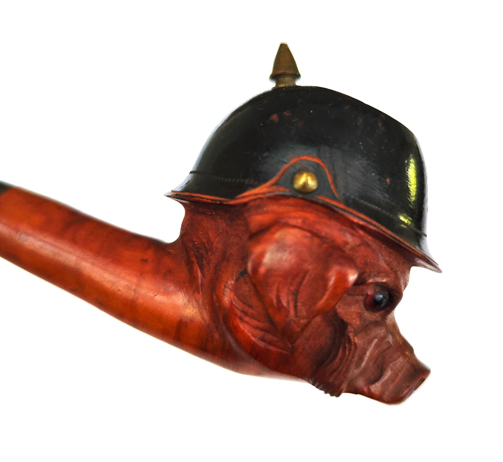 WWI French Anti-German Satirical Figural Pipe – Kaiser Wilhelm II Caricature as a Pig with Pickelhaube, Unsmoked Horn Stem
