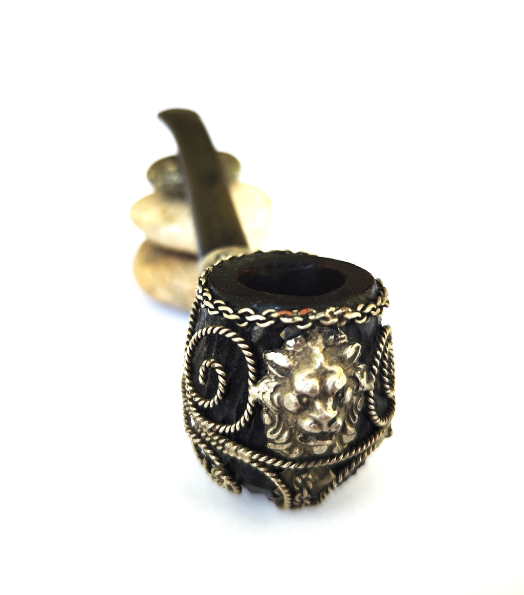 Real Briar Estate Pipe – Metal Filigree Lion Head (Bent Billiard)