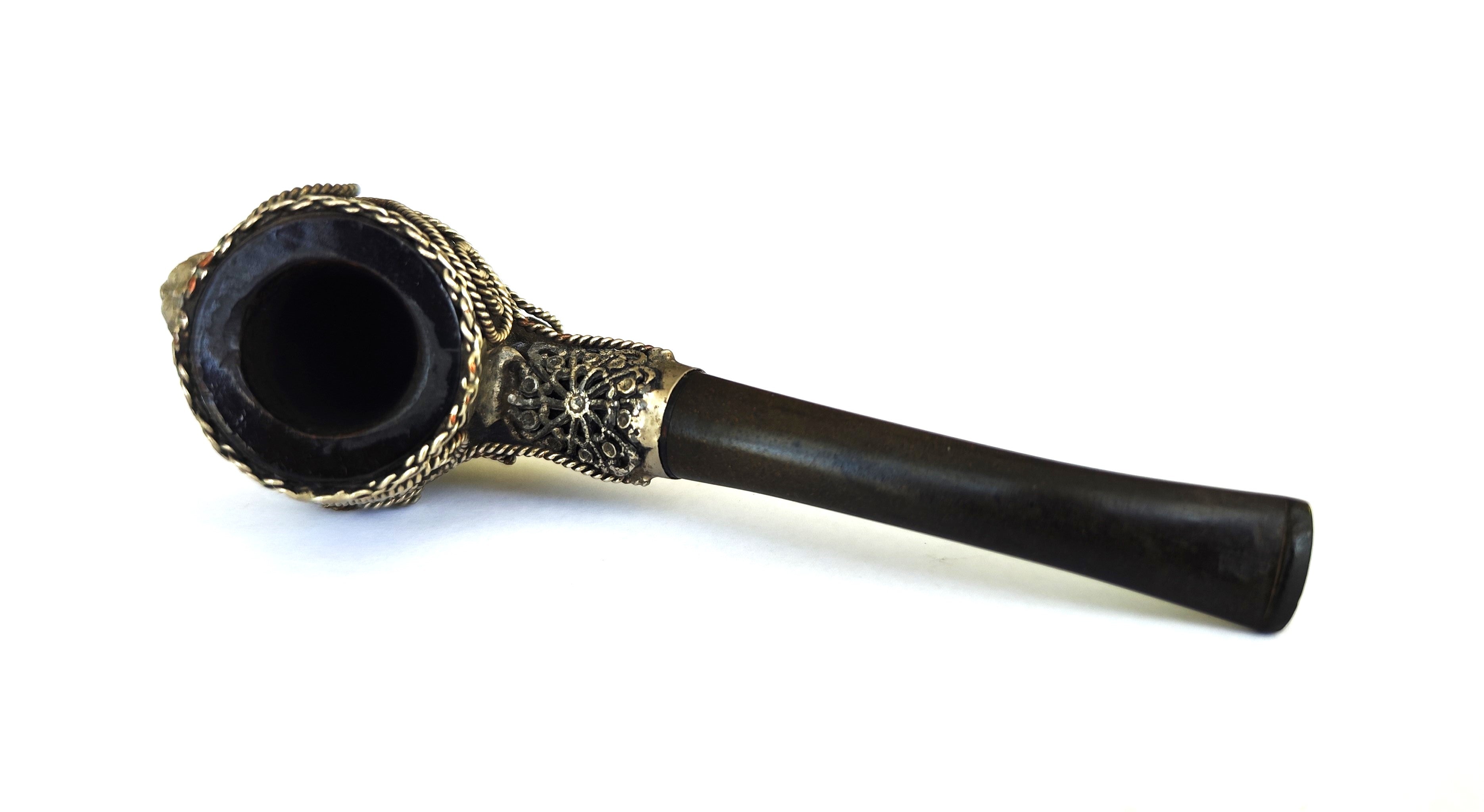 Real Briar Estate Pipe – Metal Filigree Lion Head (Bent Billiard)