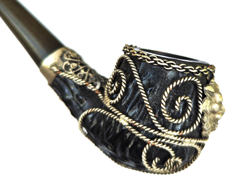 Real Briar Estate Pipe – Metal Filigree Lion Head (Bent Billiard)