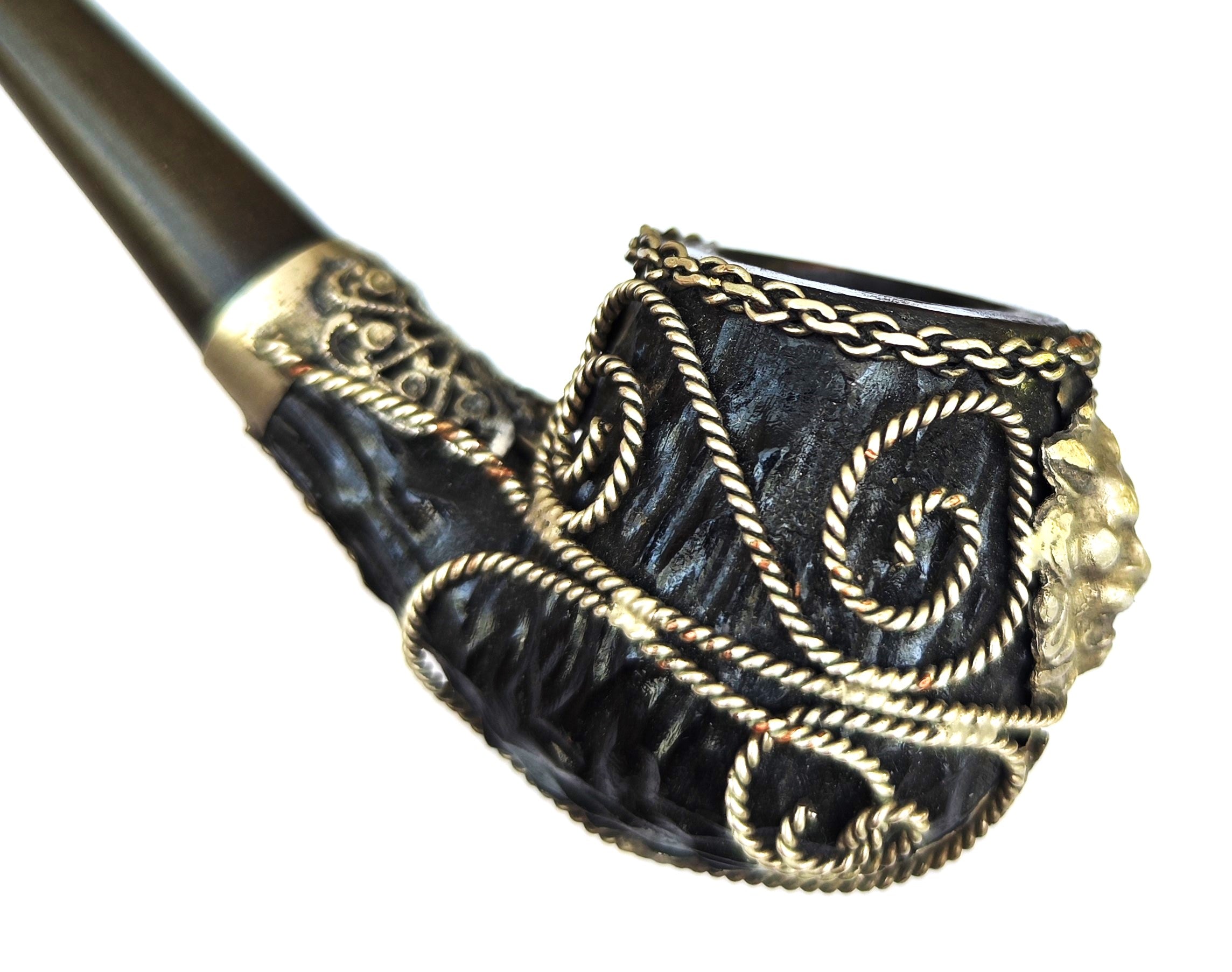 Real Briar Estate Pipe – Metal Filigree Lion Head (Bent Billiard)