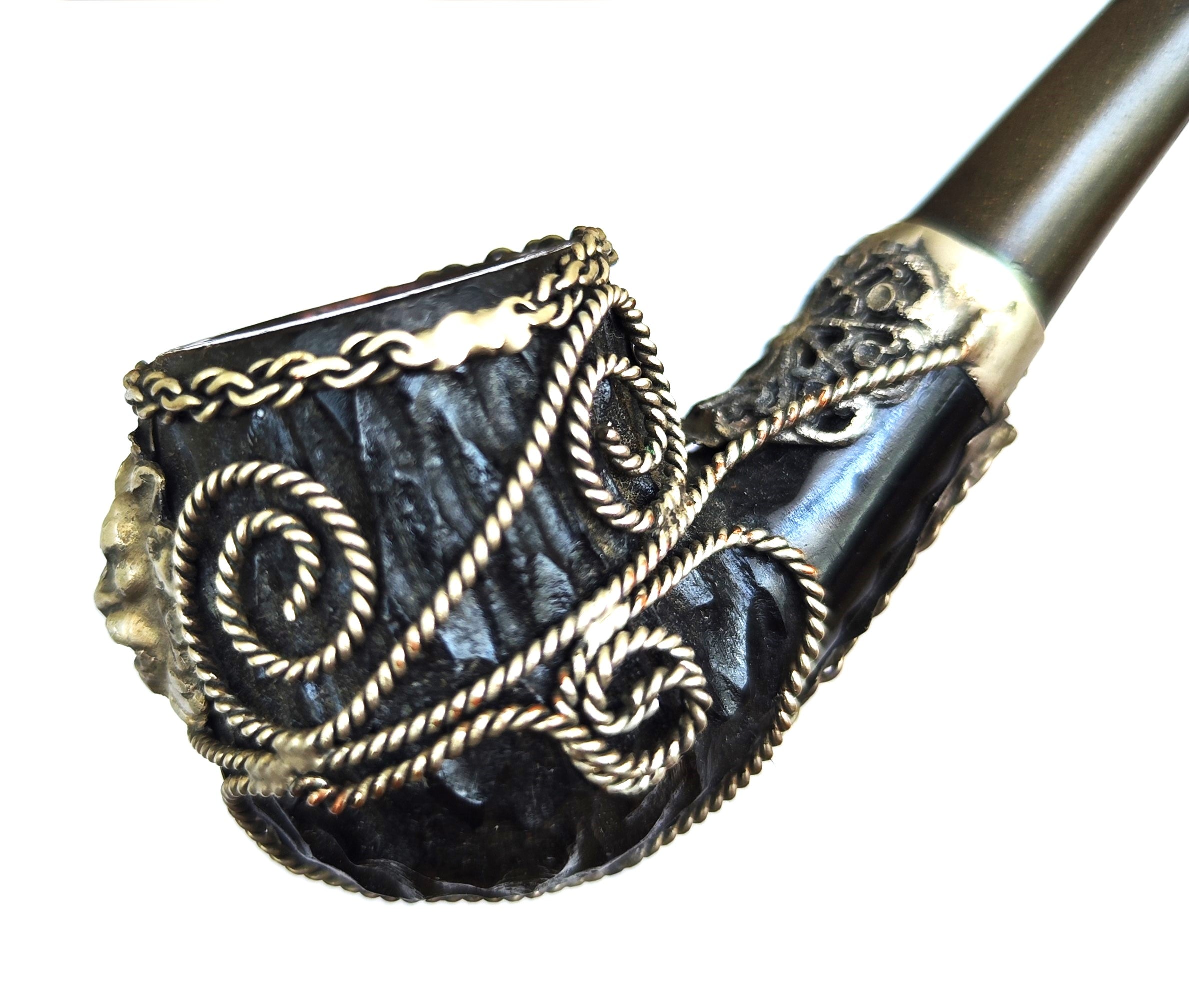 Real Briar Estate Pipe – Metal Filigree Lion Head (Bent Billiard)
